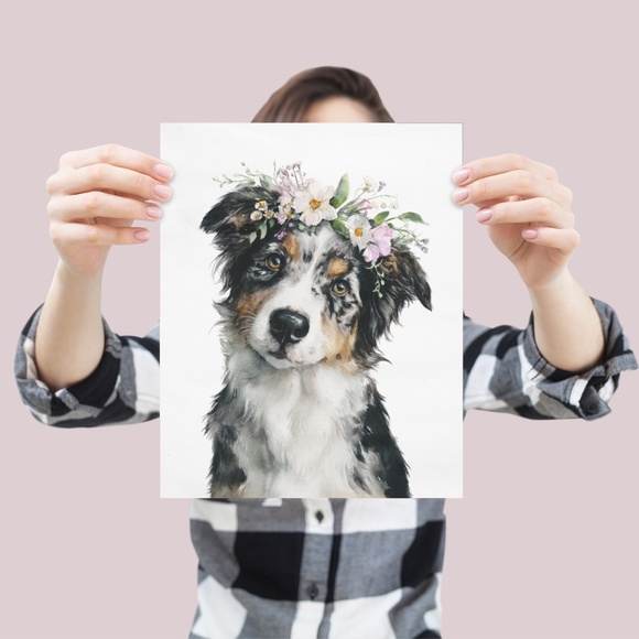 Watercolor Australian Shepherd Dog Portrait Wall Art Print, Unframed - Picture 4 of 7